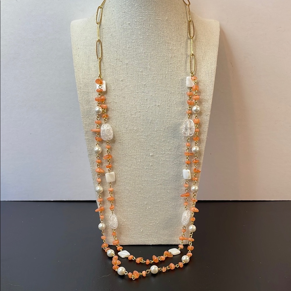 NWT Talbots coral color and pearl double strand necklace